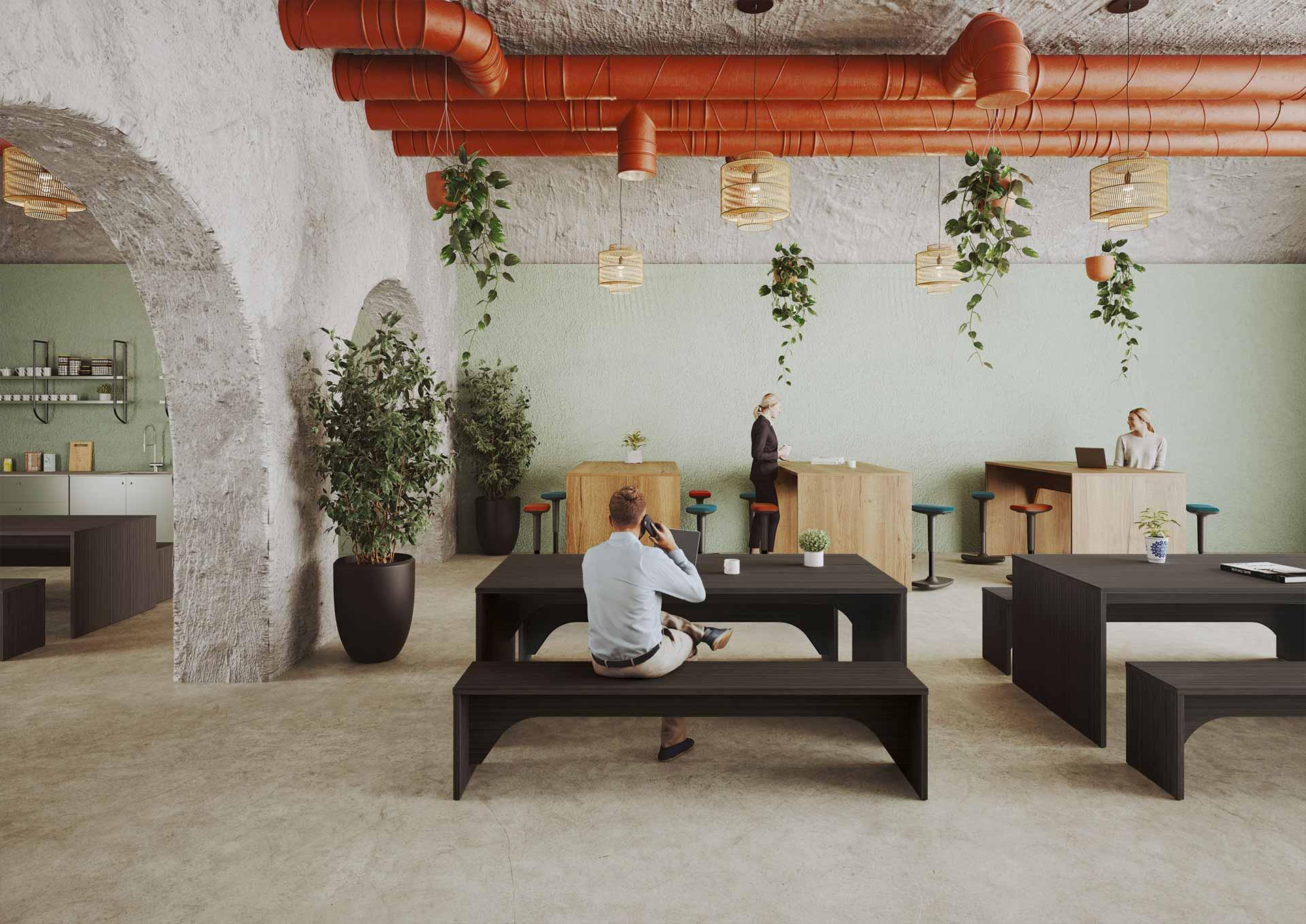 Espace détente bureau haut et table déjeuner